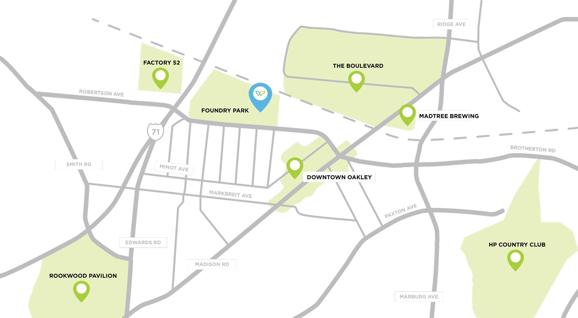 Map of Foundry Park's location within the city of Oakley.